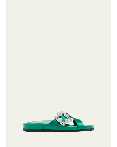 Manolo Blahnik Chilanghi Crystal Buckle Slide Sandals - Green