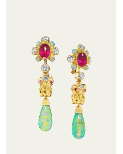 Anthony Lent 18k Yellow Gold Opal Drop Emotions Bead Earrings With Rubellites And Diamonds - Multicolor