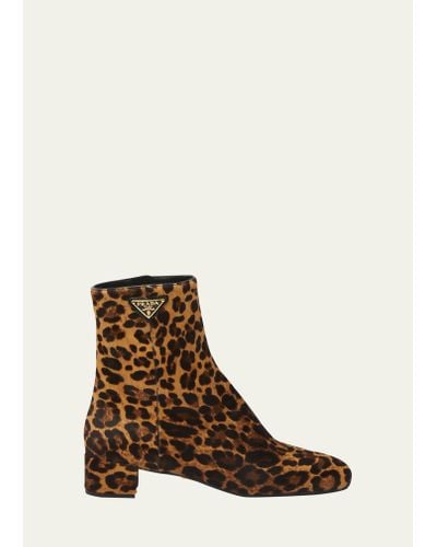 Prada Leopard Block-heel Zip Ankle Boots - Brown