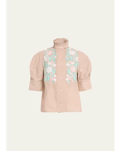 Thierry Colson Vita Floral-embroidered High-neck Blouse - Natural