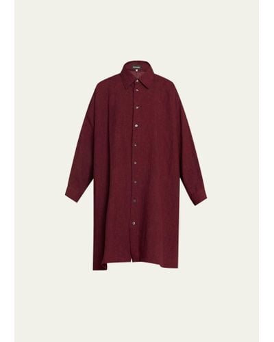 Eskandar Wide A-line Linen Shirt With Collar (very Long) With Slits - Red