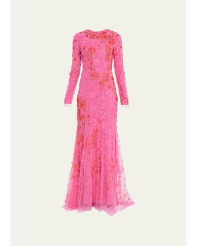 Monique Lhuillier Embroidered Floral Evening Gown - Pink