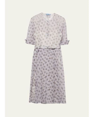 Prada Floral Fit-flare Belted Midi Dress - White