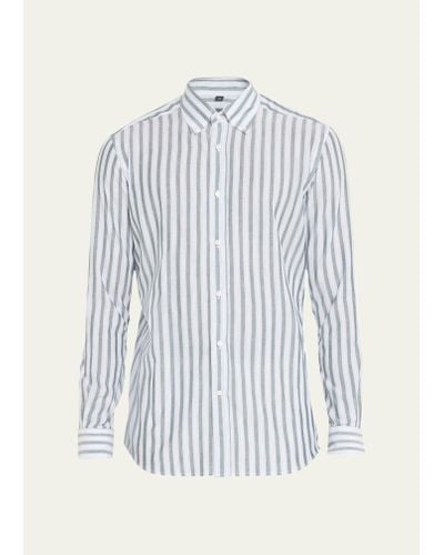 Bergdorf Goodman Linen-cotton Stripe Casual Button-down Shirt - White