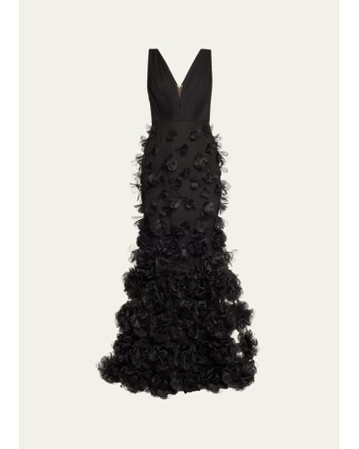 Marchesa Deep V-neck Floral Applique Gown - Black