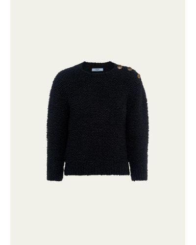 Prada Wool Boucle Knit Sweater With Shoulder Buttons - Blue