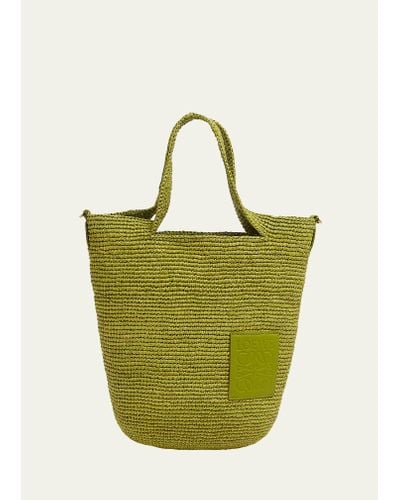 Loewe X Paula's Ibiza Slit Mini Tote Bag In Raffia With Leather Anagram - Green
