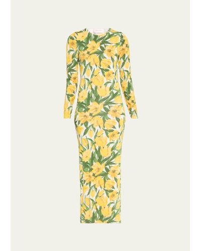 Carolina Herrera Floral Body-con Long Sleeve Dress - Yellow