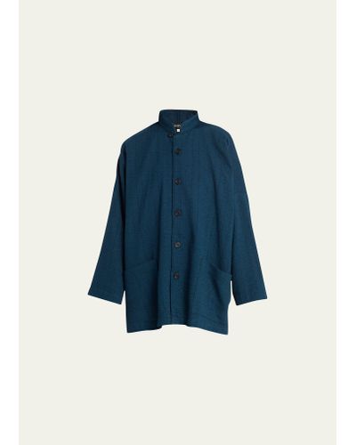 Eskandar Wide Mandarin Jacket (long Length) - Blue