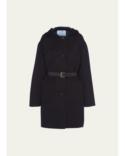 Prada Hooded Double-face Coat With Leather Belt - Blue
