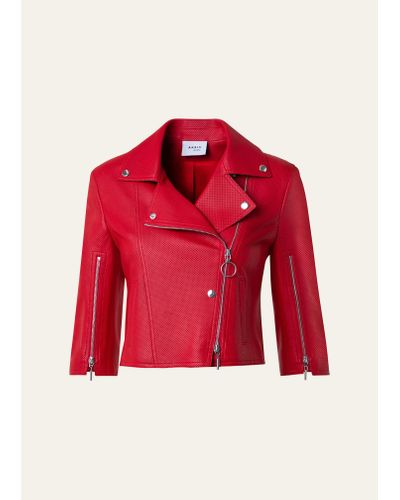 Akris Punto Perforated Nappa Leather Cropped Biker Jacket - Red