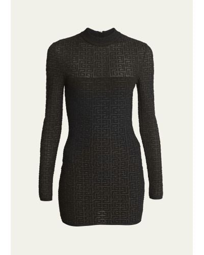 Balmain Monogram Print Glitter Knit Mini Dress - Black