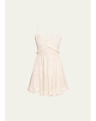 LoveShackFancy Kerielle Embroidered Cotton V-neck Mini Dress - Natural