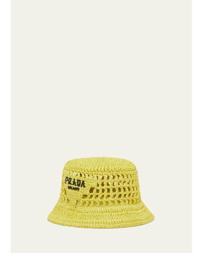 Prada Logo Cutout Raffia Bucket Hat - Yellow