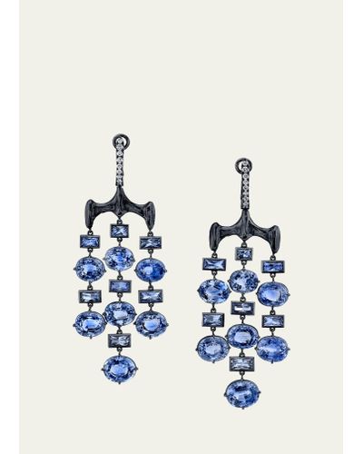 VRAM One Of A Kind 18k White Gold And Black Rhodium Chrona Chandelier Earrings With Sapphires And Diamonds - Blue