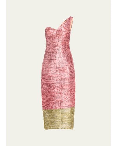 Prabal Gurung Colorblock Printed Draped One-shoulder Crinkle Midi Dress - Pink