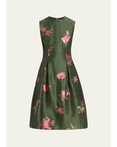 Lela Rose Betsy Metallic Floral Gingham Jacquard Sleeveless Dress - Green