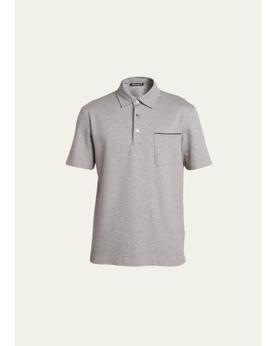 ZEGNA Cotton Polo Shirt With Leather-trim Pocket - Gray