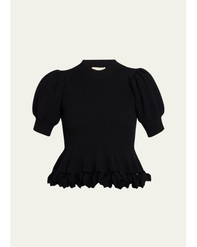Ulla Johnson Esma Short-sleeve Embellished Peplum Sweater - Black