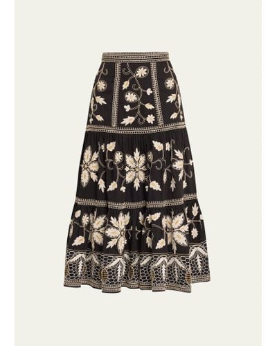 Figue Camryne Floral-embroidered Tiered Midi Skirt - White