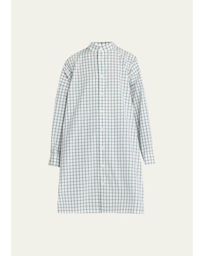 Eskandar Wide A-line Collarless Shirt (very Long Length) With Slits - Blue