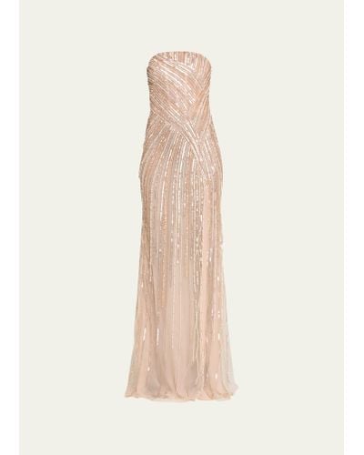 Pamella Roland Ombre Swirl Bead Sequined Strapless Tulle Gown - Natural