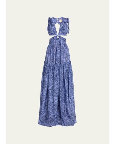 Hannah Artwear Amelie Cutout Printed Silk Sleeveless Maxi Dress - Blue