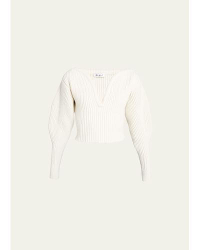 Alaïa Ribbed Sweetheart-neck Wool-cashmere Sweater - Natural