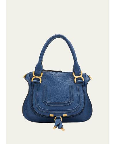 Chloé Marcie Small Double Carry Satchel Bag In Grained Leather - Blue