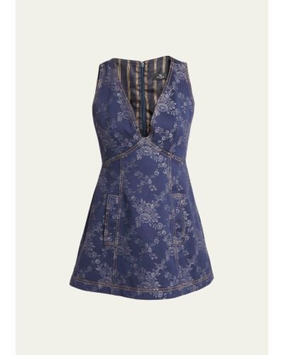 Etro Denim Floral-print Mini Dress - Blue