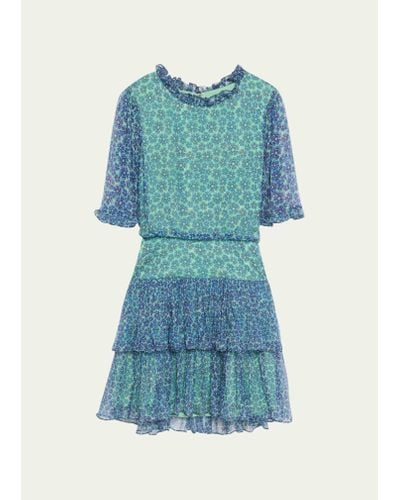 Saloni Ava D Tiered Ruffle Silk Mini Dress - Blue