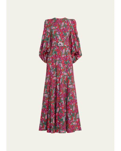 Andrew Gn Floral Print Puff-sleeve Belted Silk Gown - Red