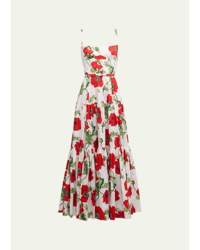Oscar de la Renta Poppies-print Sleeveless Belted Tiered Maxi Dress - White