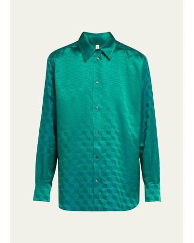 Indress Geometric Jacquard Button Down Blouse - Green