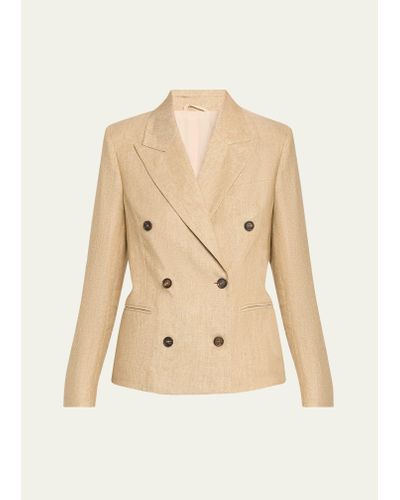 Brunello Cucinelli Two-tone Viscose Linen Blazer Jacket With Gold Monili Trim - Natural