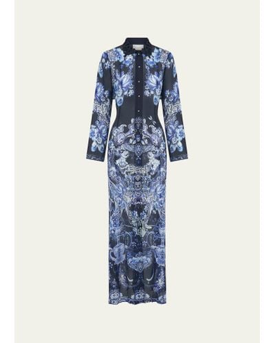 Camilla Delft Dynasty Chiffon Maxi Dress With Cutwork Lace Collar - Blue