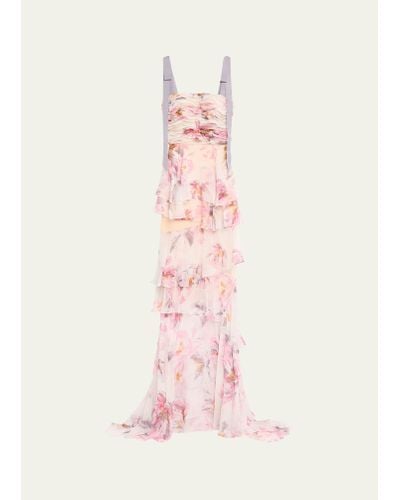 Bach Mai Pintucked Floral Print Bustier Gown With Bow Details - Pink