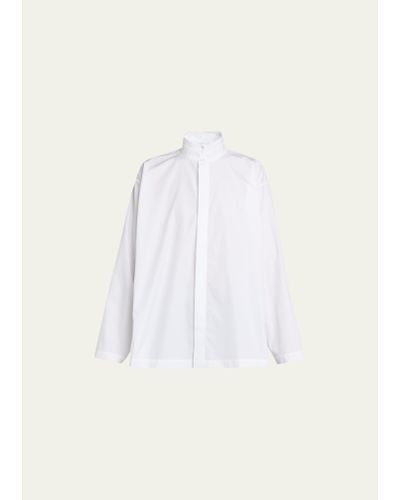 Eskandar Side-panel Shirt With Double Stand-collar (mid Plus Length) - White