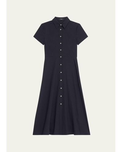 Theory Good Linen Short-sleeve Button-front Midi Shirt Dress - Blue
