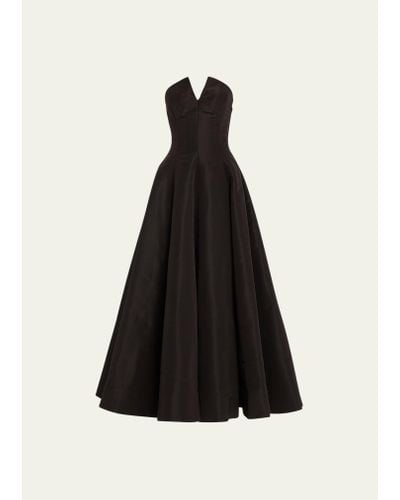 Oscar de la Renta Strapless Fit-&-flare Tea-length Faille Gown - Black