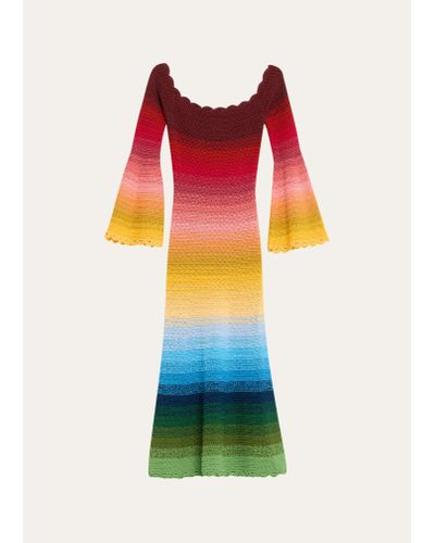 Oscar de la Renta Off-shoulder Rainbow Ombre Crochet Knit Midi Dress - Multicolor