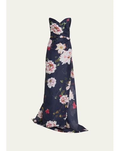 Monique Lhuillier Strapless Floral Gazar Gown With Train - Blue