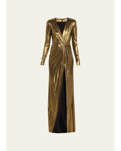 Pamella Roland Metallic Draped Lame Gown With Slit - Natural