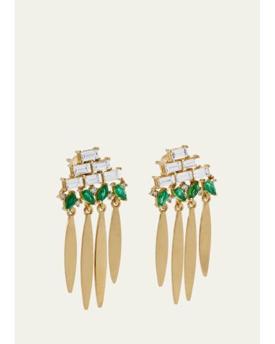 Ileana Makri 18k Yellow Gold Grass Spike Earrings With Diamonds And Emeralds - Multicolor