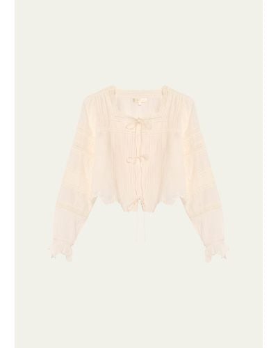LoveShackFancy Sanra Embroidered Lace Tie-front Top - Natural