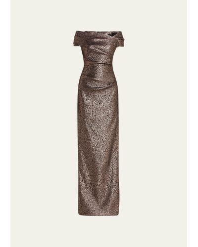 Teri Jon Cap-sleeve Metallic Jacquard Column Gown - Natural