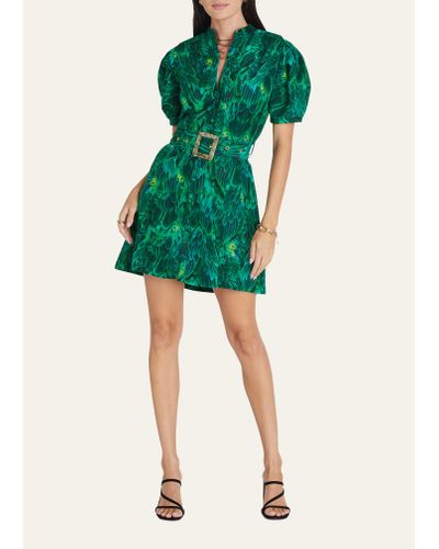 Aqua Blu Australia Hummingbird Charlie Puff-sleeve Mini Dress - Green