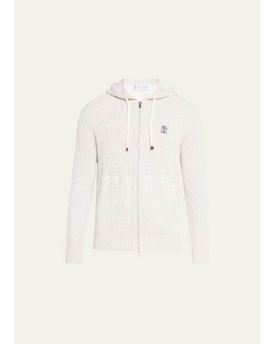 Brunello Cucinelli Ribbed Cotton Full-zip Drawstring Hoodie - Natural