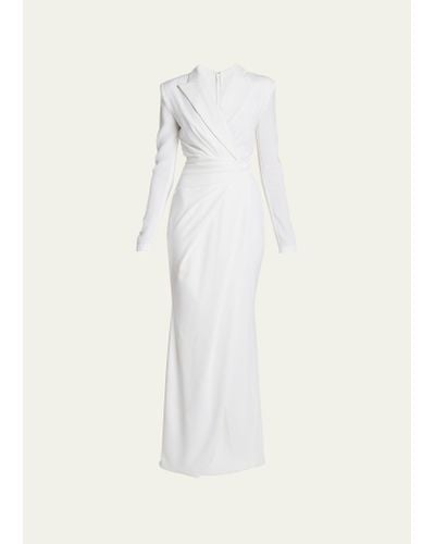 Talbot Runhof Long Collared Stretch Crepe Dress - White