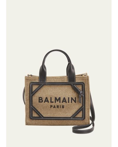 Balmain B Army Small Shopper Tote Bag In Canvas With Leather Handles - Natural